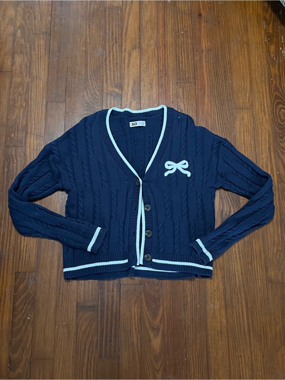 SO Girl’s Navy Preppy Cable-Knit Cardigan with White Trim and Bow XL 14-16
